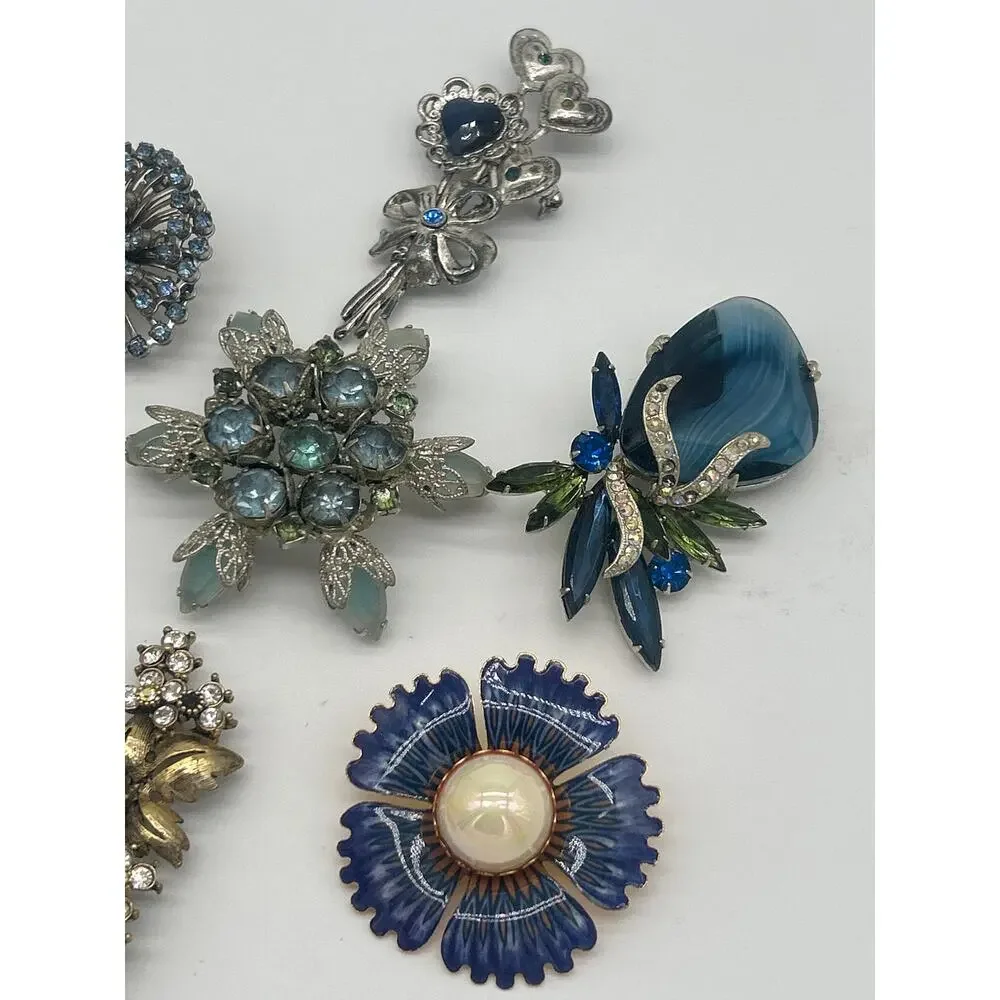 Lot of 8 Vintage Brooches Blue Floral Leaf Mixed Jewelry Retro Statement